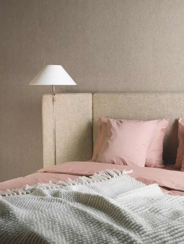 Arte Lin Normandie 78208 Dove linen-effect wallpaper in a calm neutral bedroom