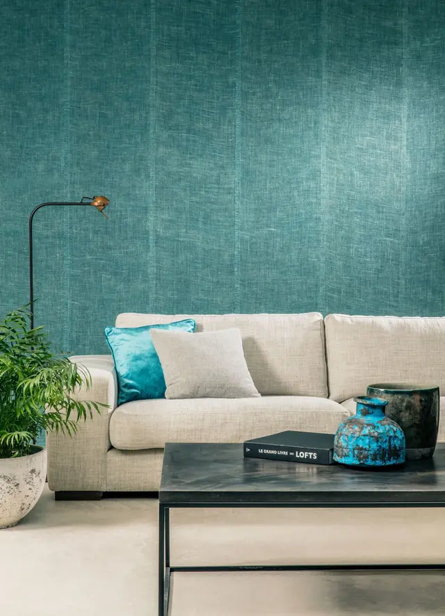 Arte Uno 46556A teal jute natural wallcovering in a contemporary living room