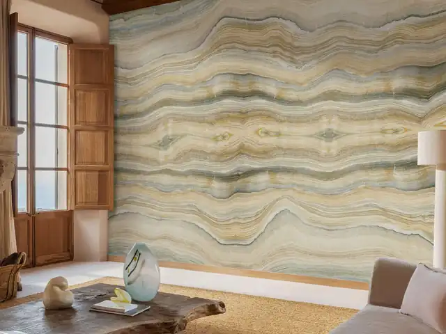Artistic luxury mural wallcovering with layered mineral colours