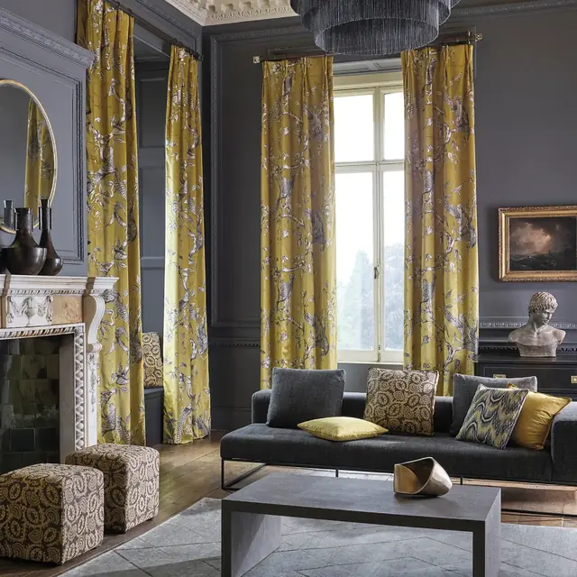 Yellow bird toile fabric used for full-length curtains