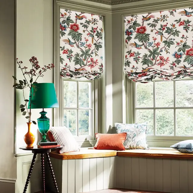 Floral bird fabric used for patterned Roman blinds