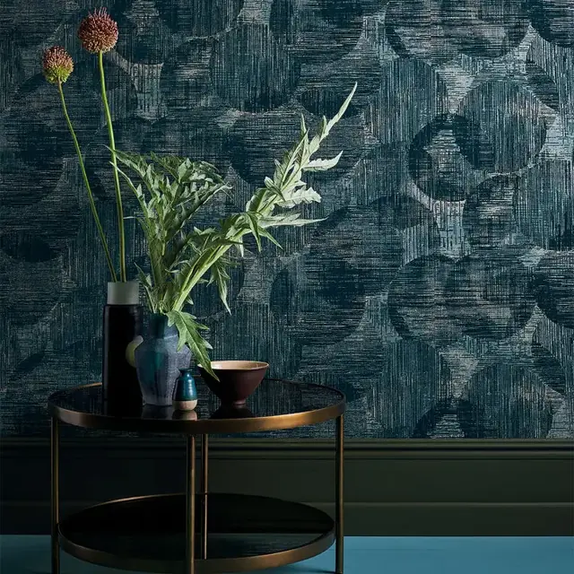 Black Edition Otoko Viridian modern flock wallcovering in a dark teal interior
