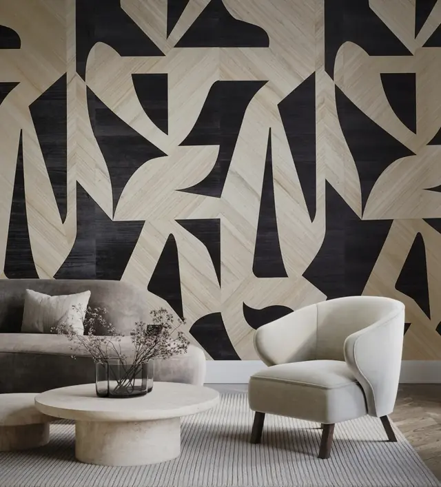Black and neutral geometric mural wallpaper in a modern interior