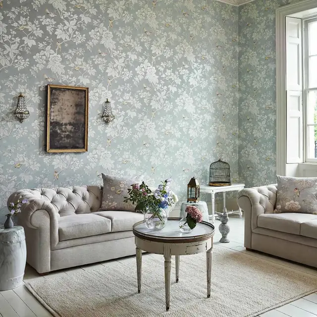 Blue Sanderson Chiswick Grove floral bird wallpaper in an elegant living room