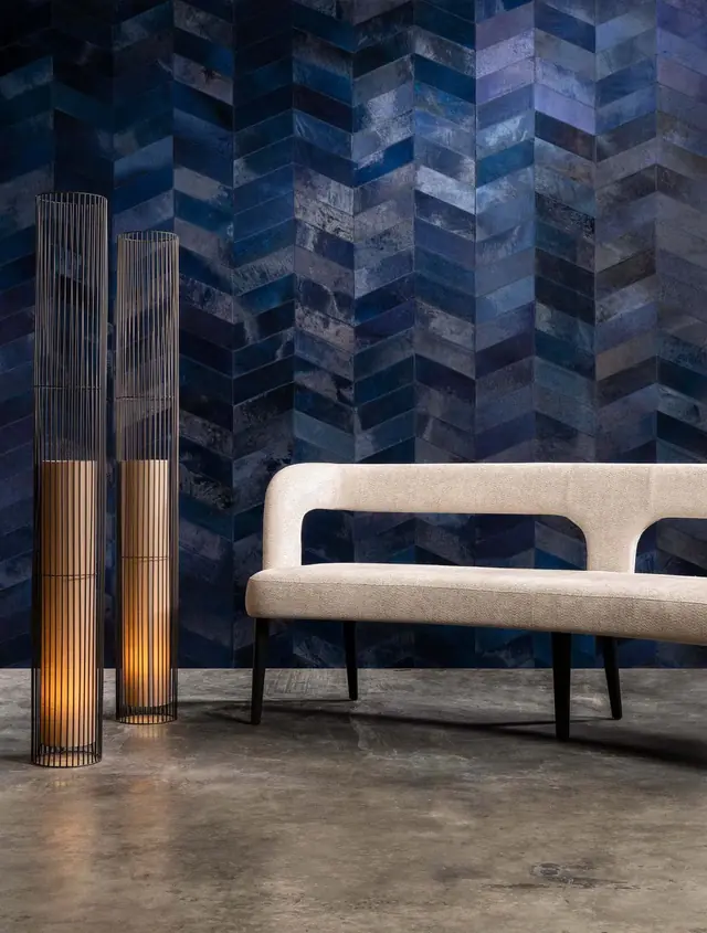 Blue Arte Montage leather-effect chevron wallpaper with geometric inlaid surface