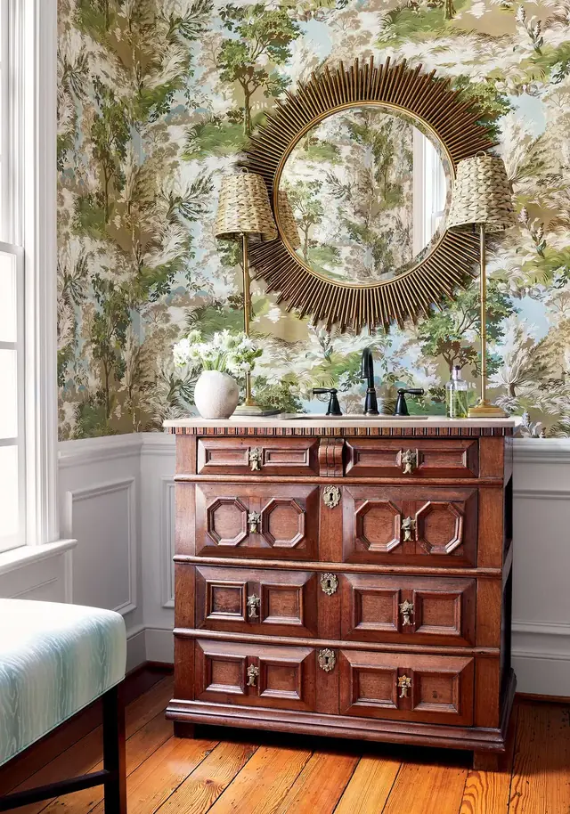 Green Lincoln Toile wallpaper with birds flowers and foliage in a layered interior