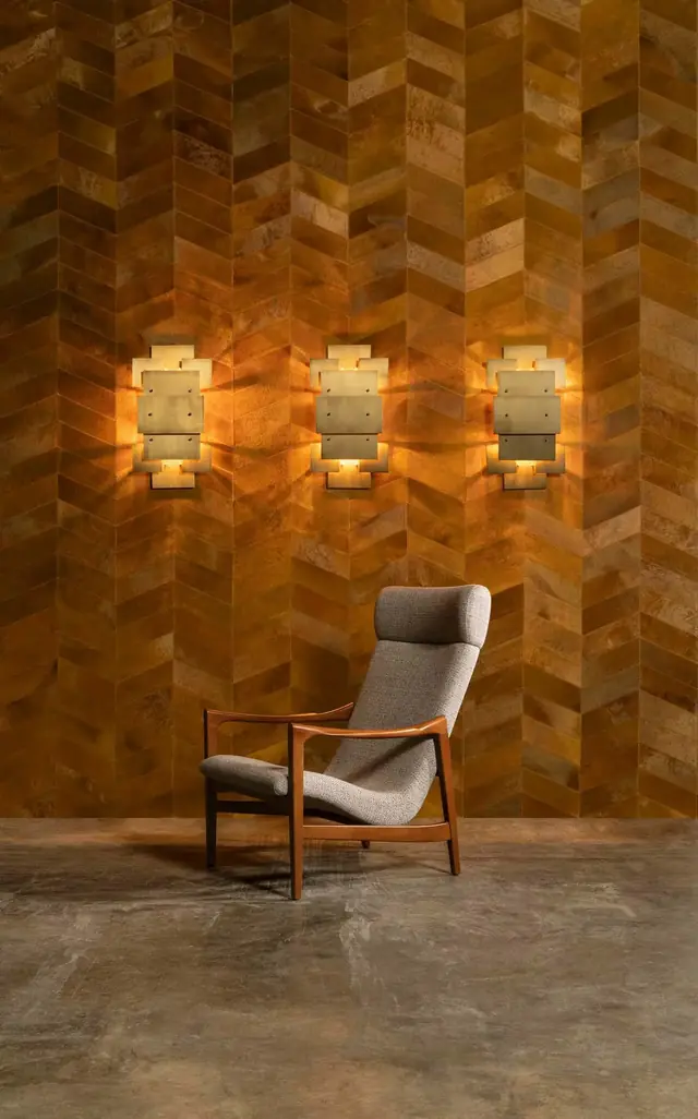 Brown Arte Montage real leather Chevron wallcovering showing natural colour and surface variation