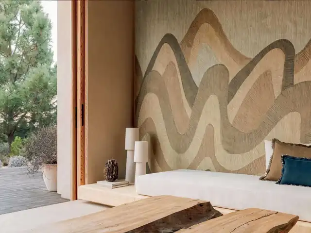 Sculptural brown panoramic wallpaper with flowing abstract forms