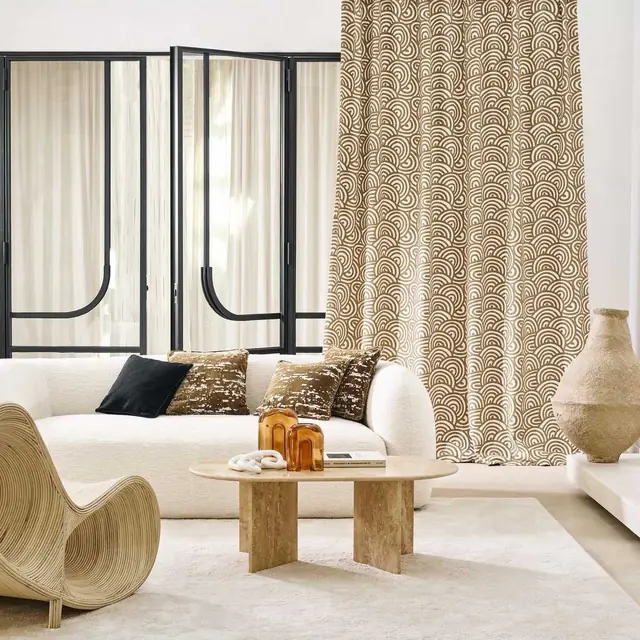 Neutral geometric curtain fabric in a light contemporary living room