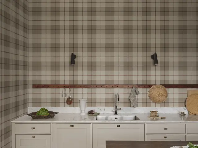 Large checked wallpaper above a kitchen worktop