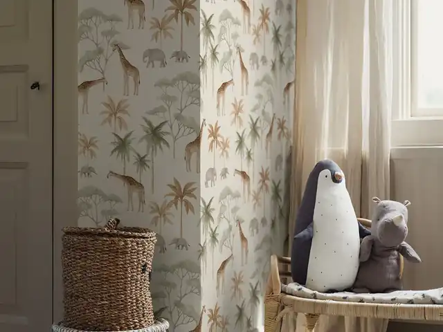 Children’s safari wallpaper with giraffes, elephants and palm trees