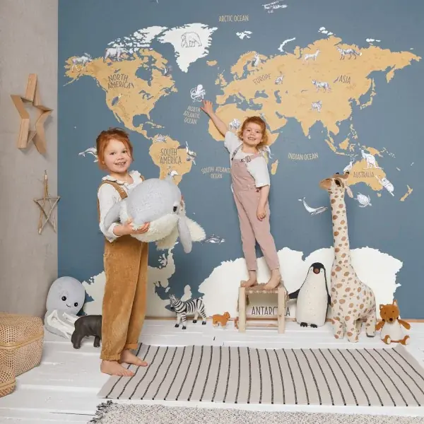 Children's world map wallpaper in a bedroom