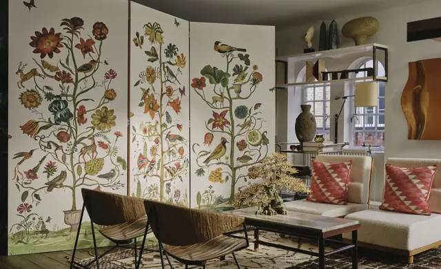 Christopher Farr Cloth patterned screens and cushions in a contemporary interior