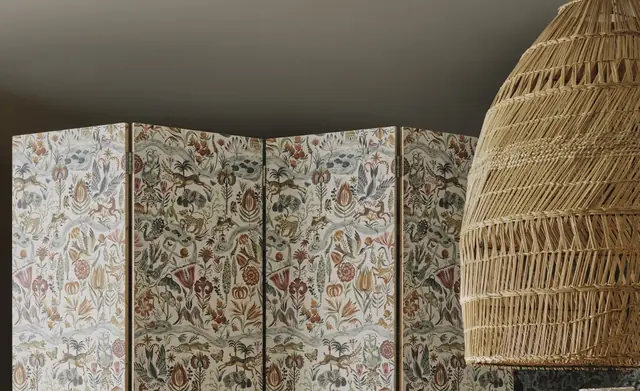 Artist-designed Christopher Farr Cloth patterned screens in an interior