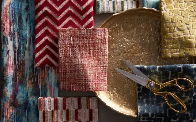 Clarke and Clarke colourful furnishing fabrics and velvet textures