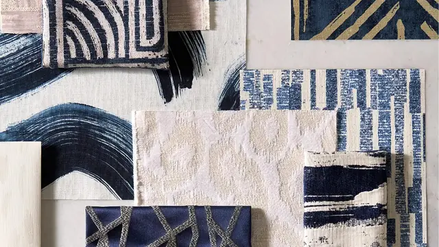 Clarke and Clarke blue and neutral fabric moodboard
