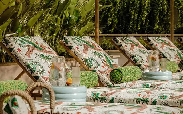 Clarke and Clarke indoor outdoor fabric used on patterned sun loungers