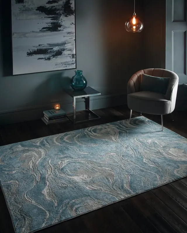 Clarke and Clarke Lavico abstract blue rug in a contemporary interior