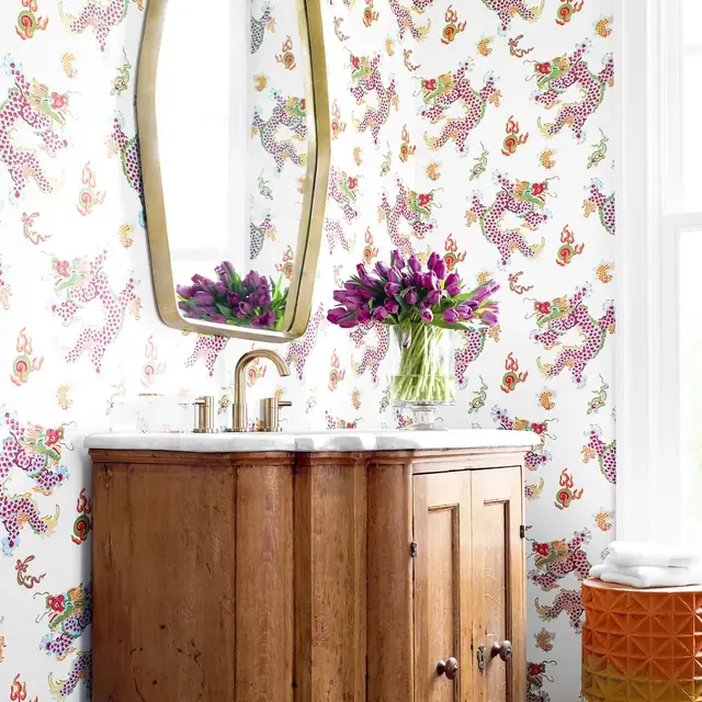 Colourful dragon animal wallpaper in a bright bathroom interior