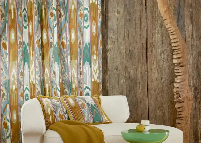 Colourful Ikat-inspired curtain fabric in a contemporary interior