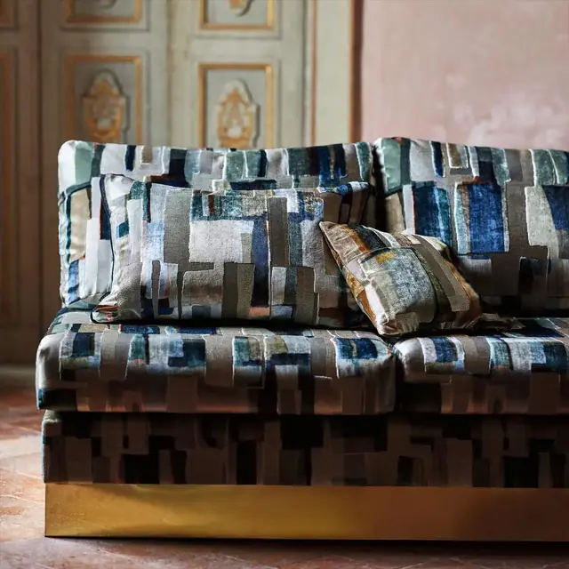 Contemporary geometric cut velvet used on a sofa and cushions