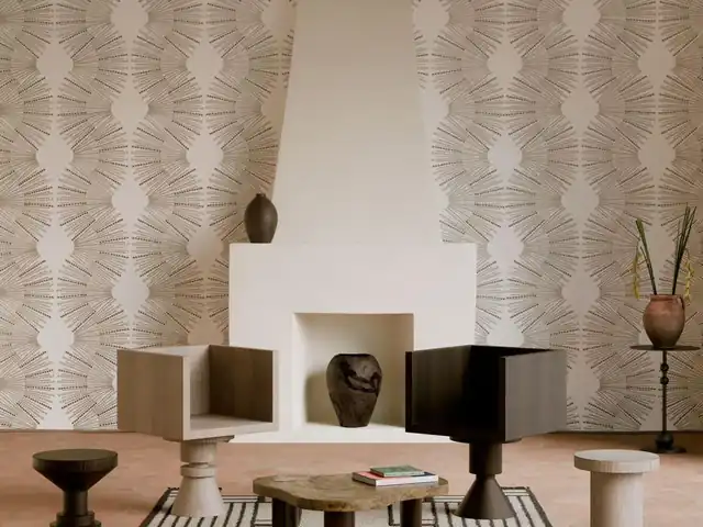 Pale contemporary embroidered wallpaper with a radiating stitched motif