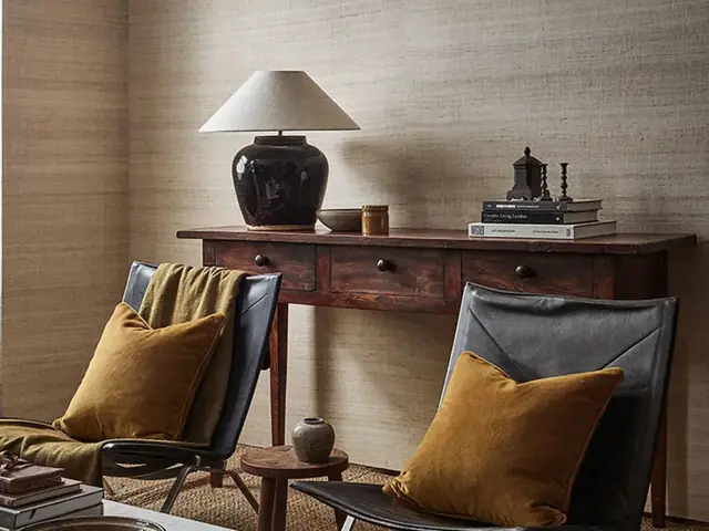 Neutral contemporary textured wallcovering in a sophisticated interior