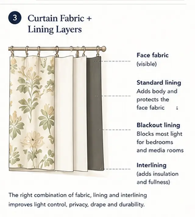 Curtain fabric layers showing decorative face fabric, standard lining, blackout lining and interlining