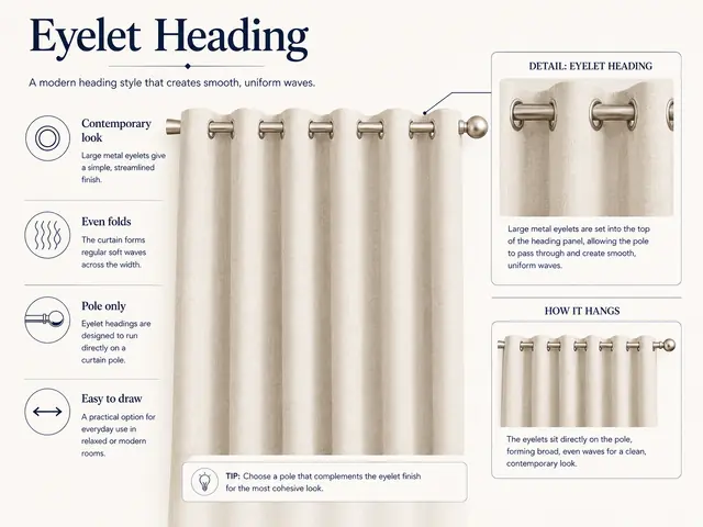 Illustrated guide to eyelet curtains showing large metal eyelets threaded directly onto a curtain pole