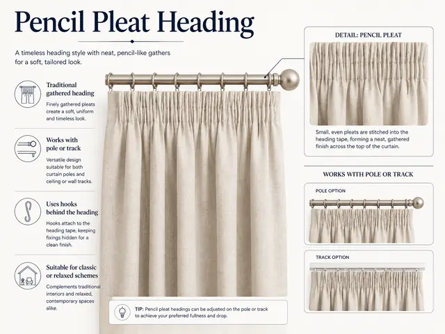 Illustrated guide to pencil pleat curtains showing gathered heading, pole and track options