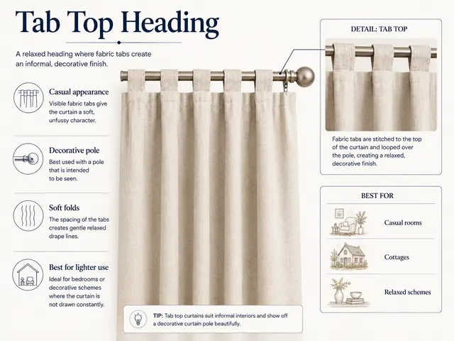 Illustrated guide to tab top curtains showing fabric loops hanging directly from a decorative curtain pole