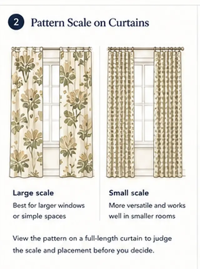 Comparison of large scale and small scale patterned fabrics used on full length curtains