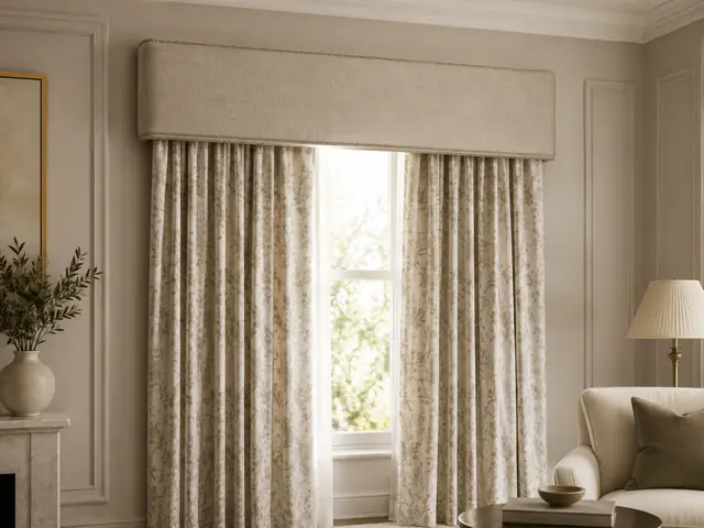 Illustrative upholstered curtain pelmet above full length curtains