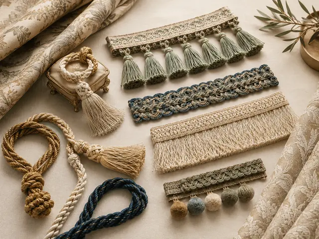 Illustrative curtain trimmings including braid, cord, fringe and tassel trims
