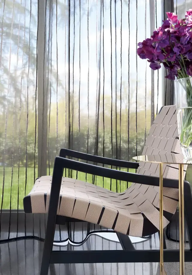Dark coloured sheer curtain fabric creating a translucent layer across a window