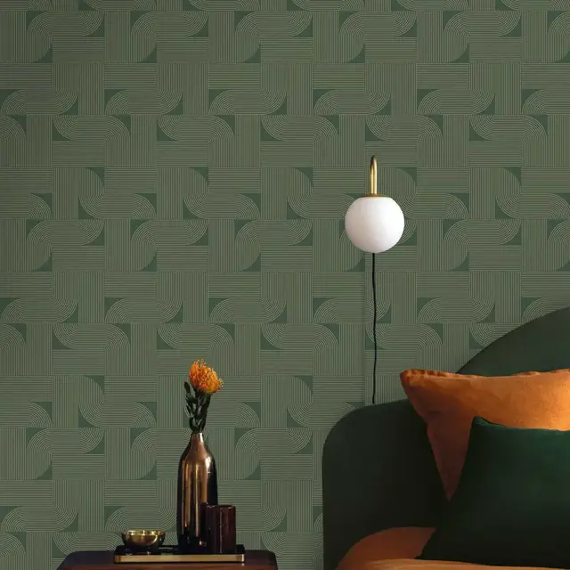Dark green geometric Caselio Softness wallpaper in a modern room