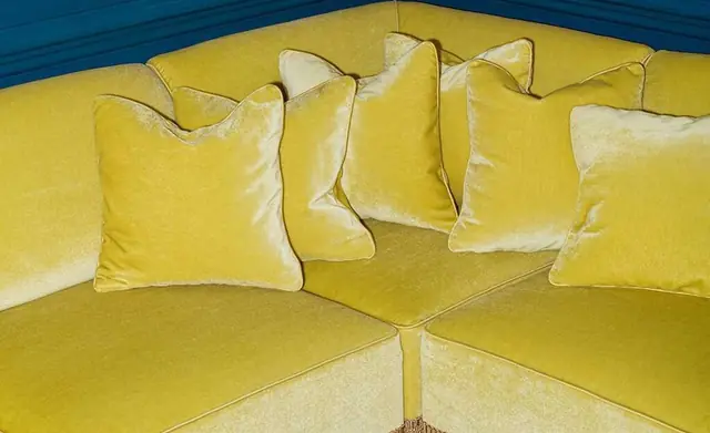 Yellow Dedar velvet sofa and coordinating bespoke cushions