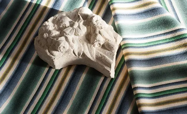 Striped Dedar velvet displayed with a sculptural sample object