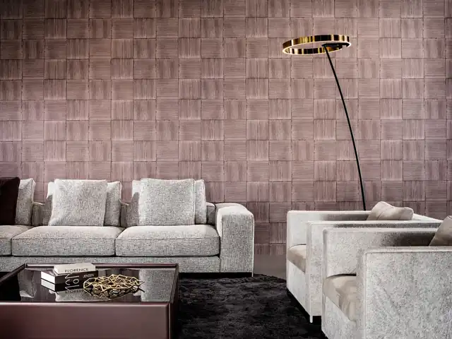 Deep plum dimensional wallpaper in a contemporary living room