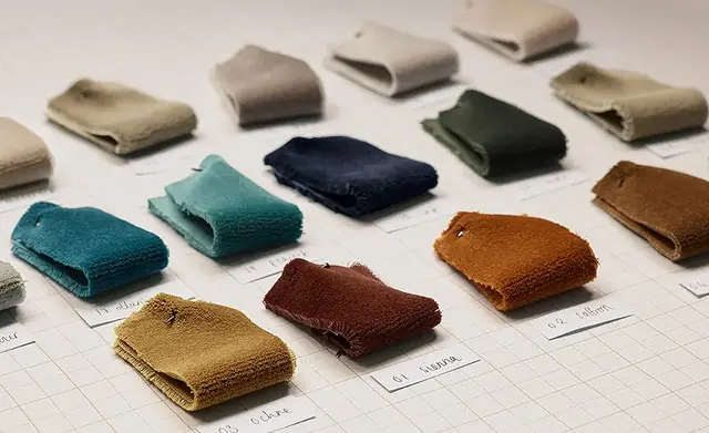 Designer fabric samples arranged in neutral, blue, green and warm colours