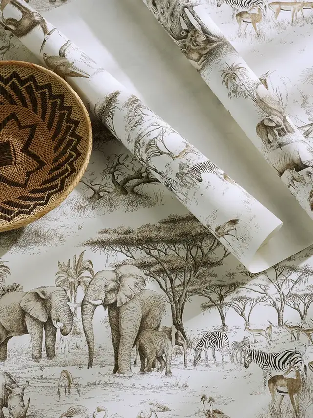 Safari animal wallpaper sample rolls showing elephants, zebras and African wildlife