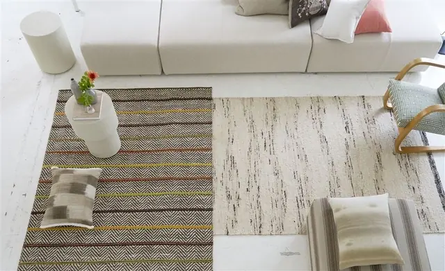Designers Guild patterned rugs styled with contemporary furniture