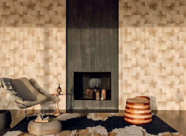 Dimensional pale wallcovering surrounding a living room fireplace
