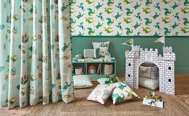 Children's playroom with dinosaur patterned curtains, cushions and fabric accessories