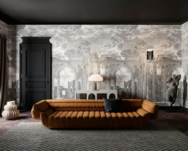 Dramatic monochrome panoramic wallpaper in an elegant living room