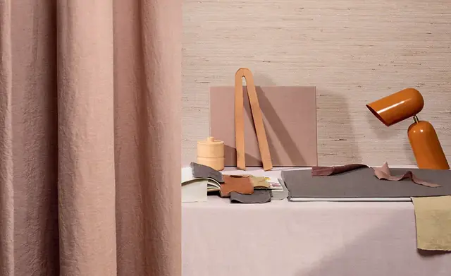Wide-width linen curtain fabric in a warm neutral interior