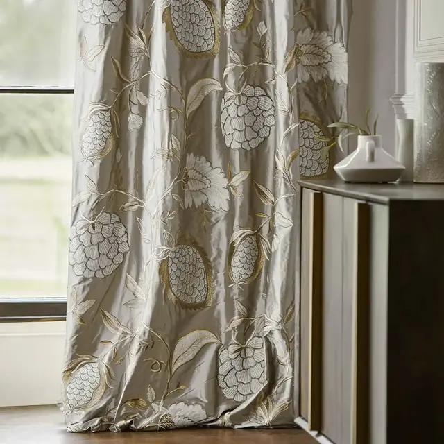 Embroidered silk-blend curtain fabric with a softly lustrous finish