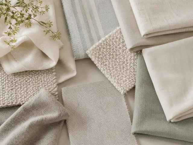 Coordinated furnishing fabric samples in neutral blue and natural tones