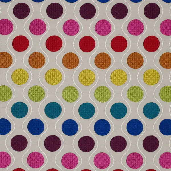 Fabric with large colourful irregularly arranged spots