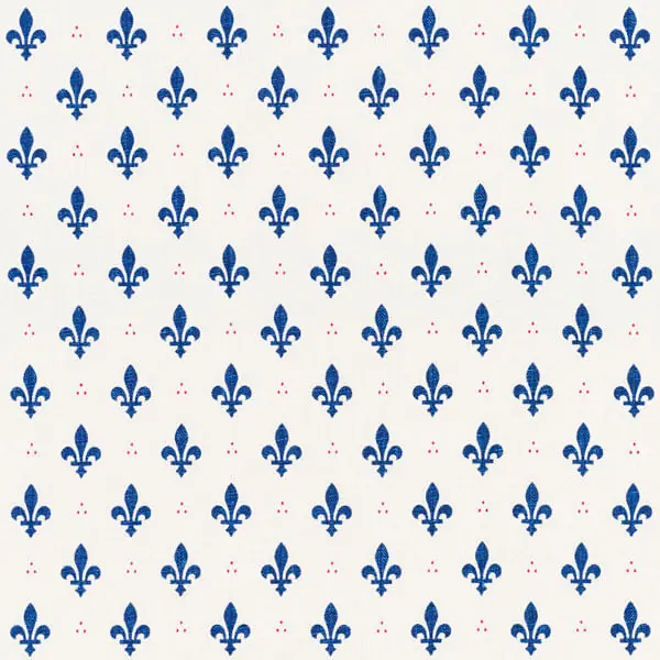 Repeating blue fleur-de-lis motifs on a light fabric ground